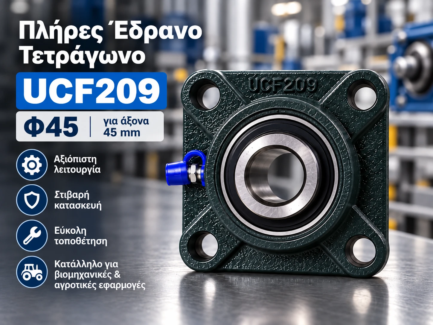 Πλήρες έδρανο τετράγωνο UCF209 για άξονα Φ45 mm Πλήρες έδρανο τετράγωνο UCF209 για άξονα Φ45 mm - Image 1