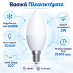 Λαμπτήρας LED VITUS C37 κερί E14 5W 6500K 400lm - Image 2